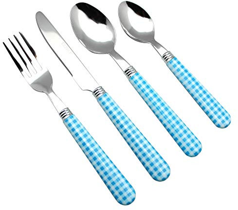 EXZACT Posate in acciaio inox 24 pezzi - Motivo a quadretti/Maniglie colorate - 6 x Forchette, 6 x Coltelli, 6 x Cucchiai Cena, 6 x Cucchiaini(Blu)