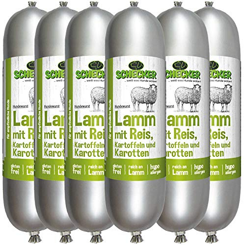Schecker - Saucisse d'agneau pour chien avec riz, pommes de terre et carottes - Nourriture humide pour chiens - Durable sans refroidissement - Sans gluten - 6 x 400 g