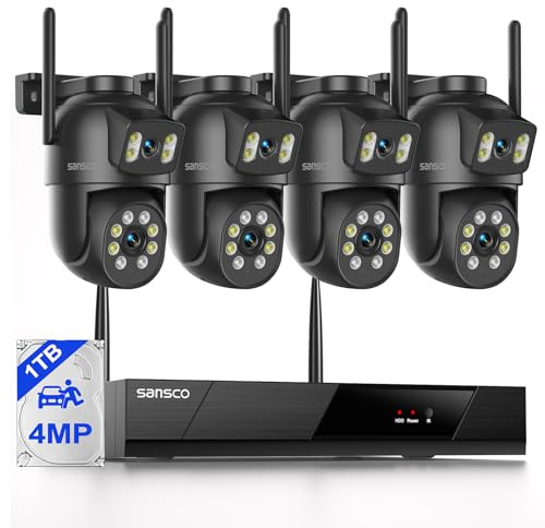 SANSCO 4MP Dual Lens CCTV Security Camera System with 1TB HDD, 16CH NVR, 4x 360° View PTZ WiFi Camera Outdoor, Auto Tracking, Color Night Vision,Human Detection, 2-Way Audio, 24/7 Recording