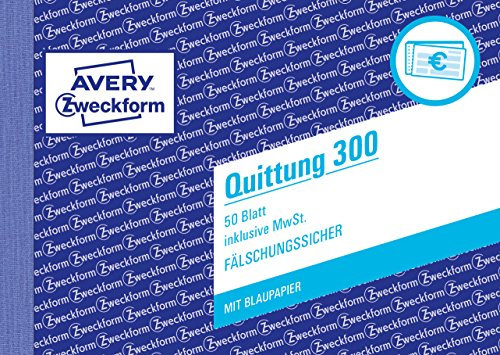 AVERY Zweckform 300 Quittungsblock (A6 quer, 50 Blatt, fälschungssicher, inkl. MwSt., mit 1 Blatt Blaupapier, für Deutschland und Österreich) weiß