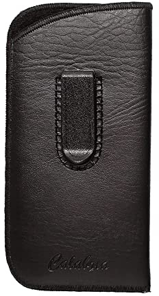 Calabria Slim Faux Leather Eyeglass Case Soft Slip-In Design [Black with Clip - 1 Pack] | Compact Protective Pouch | Soft Case for Glasses | Lightweight Sunglass Storage
