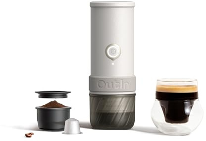 OutIn Mino Macchina per caffè espresso elettrica portatile, mini caffettiera da campeggio da viaggio, macchina da caffè tascabile con riscaldamento autonomo tramite USB-C, per qualsiasi avventura