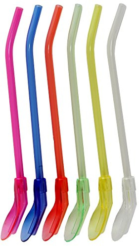 Home-X Spoon Straws - 6Pcs Colorful Stirring Snow Cone Straws - Reusable 2-In-1 Kitchen Utensil Plastic Spoon Straw for Cereal, Smoothies, Milkshakes, Slushies, Root Beer and Ice Creams