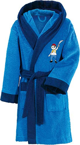 Erwin Müller Kinder-Bademantel mit Kapuze Frottier blau Größe 146/152 - hochwertiger Stickmotiv Pirat, mit Taschen und Bindegürtel (weitere Größen)