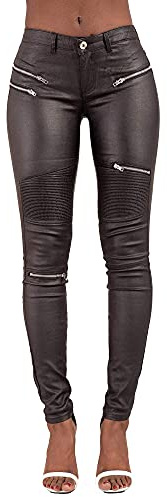 Crazy Lover Women Faux Leather Look Trousers Pants Mid Waist Wet PU Celeb Biker Jeans with Zip (L, Black)