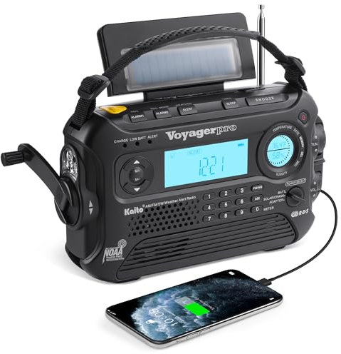 Kaito Voyager Pro KA600 Digital Solar Dynamo Wind Up Crank Dynamo AM/FM/LW Shortwave and NOAA Weather Protection Radio with Flashlight, Reading Lamp Alarm with Power Supply, Black