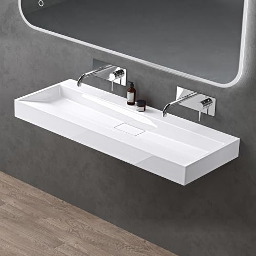 doporro Lavabo Suspendu avec Bonde Vasque à Poser Blanc 100x46x11cm Lave Mains Rectangulaire sans Perçage de Robinet Colossum19