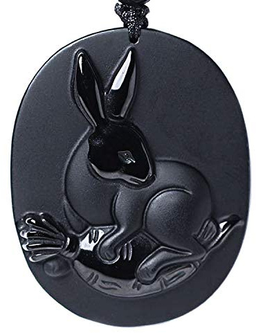 Chinese Zodiac Necklace Pendant Made of Obsidian (Rabbit-Trustworthy)