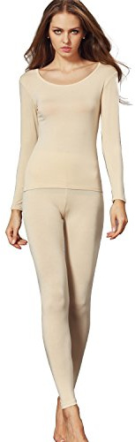 Liang Rou Women's Crewneck Long Johns Ultra Thin Modal Thermal Underwear Top & Bottom Set Apricot Medium