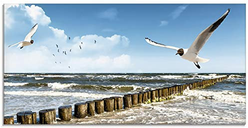 ARTland Wanddeko Glasbilder Wandbild Glas Bild einteilig 100x50 cm Querformat Strand Möwen Meer Wellen Küste Ostsee Sommer Urlaub Natur Landschaft T5QR