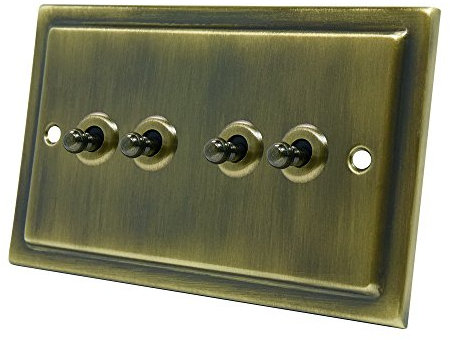 AET VAB4GTOG Victorian Antique Brass Toggle Switch-10 Amp Quad 4-Gang 2 Way Dolly Light Switch, 250 V