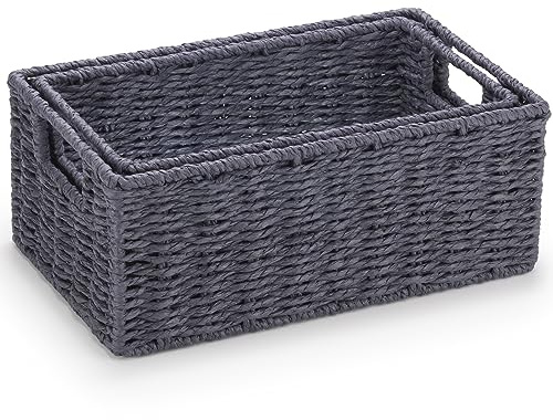 Woodluv Storage Baskets set of 2, Paper Rope Storage Boxes Bin Organiser Divider for Cupboards Drawer Closet Shelf,Wicker Woven Basket - Navy Blue