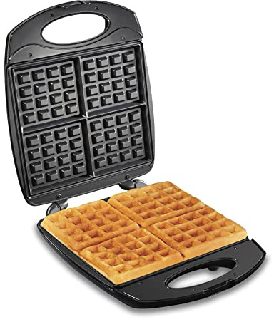 Hamilton Beach Non-Stick Belgian Waffle Maker with Indicator Lights, Makes 4 4 x 5 Mini Waffles, Hashbrowns or Keto Chaffles at Once, Compact Design for Easy Storage, Black & Stainless Steel (26020)