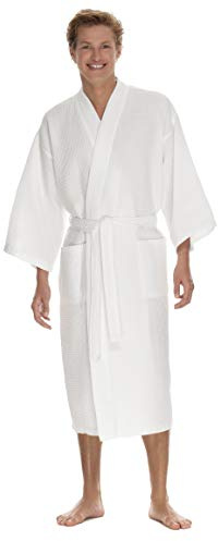 Men's Waffle Robe by BOCA TERRY, Waffle Knit Spa Robe, Long Lightweight Cotton Kimono Hotel Bathrobe - White 2X (XXL)