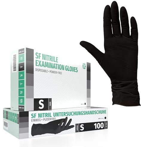 SF Guantes de nitrilo S negros – 100 unidades, guantes desechables sin polvo, sin látex, médicos y de examen, aptos para cocina, limpieza, cosmética y uso doméstico