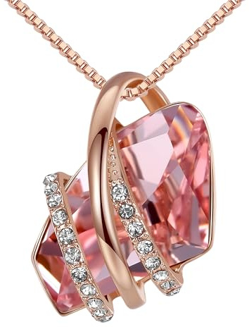 Leafael San Valentín Collar con colgante Piedra de los Deseos, cristal de nacimiento, chapado en oro rosa 18K o plata, cadena 18+2, caja de regalo incluida