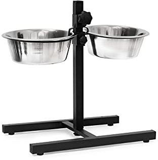 Relaxdays Futterstation Hund, 1,6 l Edelstahlnäpfe, Napfständer höhenverstellbar HBT 42 x 46 x 27cm, rutschfest, silber