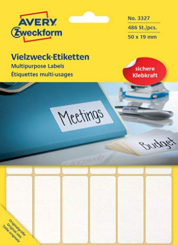Avery Zweckform 3327 Haushaltsetiketten selbstklebend (50 x 19 mm, 486 Aufkleber auf 27 Bogen, Vielzweck-Etiketten für Haushalt, Schule und Büro zum Beschriften und Kennzeichnen) blanko, weiß