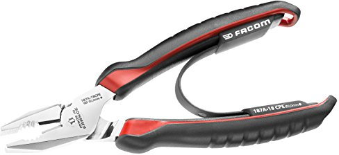 FACOM Alicate Universal 180mm, Alto Rendimiento de Corte, Tomas Planas y Ovaladas, Geometría que Reduce Esfuerzo, Aleación de Acero al Carbono, Fundas Ergonómicas, 187A.18CPEPB