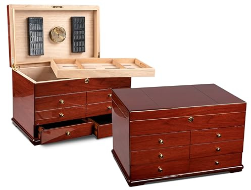 Prestige Import Group Landmark Large Chest Style Cigar Humidor with Drawers - Holds Up to 300 Capacity - Color: High Gloss Cherry Finish