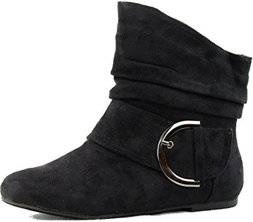TOP Moda Women's Ankle Booties Buckle Mid Calf Buckle Slouch Flat Heel Strap Fashion Shoes,Premium Black Suede+,7