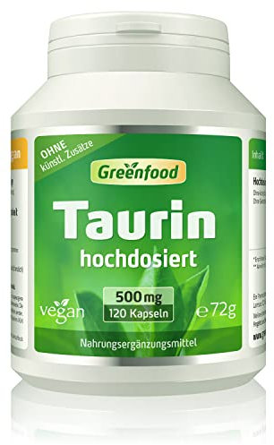 Taurin, hochdosiert, 500mg - 120 Kapseln, vegan. Taurin – bekannt aus Energy-Drinks. OHNE künstliche Zusätze - laborgeprüft. Von Greenfood.