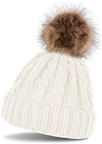 styleBREAKER Bonnet à Torsades et Pompon Fausse Fourrure,Blanc (Blanc crème