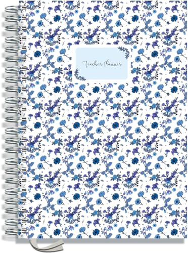A4 Primary Teacher Planner 2026-2027 by Pirongs | 4 Period Planner | Page a Day | Undated, Hardback, Wiro-Bound Teachers Planner - 4 Lesson Day - Blue flower