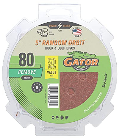 Gator 5 Random Orbit Hook & Loop Red Resin Aluminum Oxide Sanding Discs, 8-Hole, 80 Grit, 50 Pack