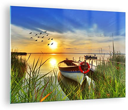 Vidrios decorativos Barco lago puesta del sol verano la gente Cuadro Sobre Vidrio Moderno 70x50cm Decoracion Salon Cocina Cuadros Pared Impresiones Impresión en Cristal Wall Art Prints GAA70x50-3053