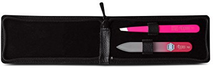 nippes Solingen Beauty-Set, 2-teilig, Kosmetik-Pinzette und Glasfeile, Pink/Rot, Im Leder-Etui, Edelstahl Rostfrei, Pflege Set, Nagelpflege Set