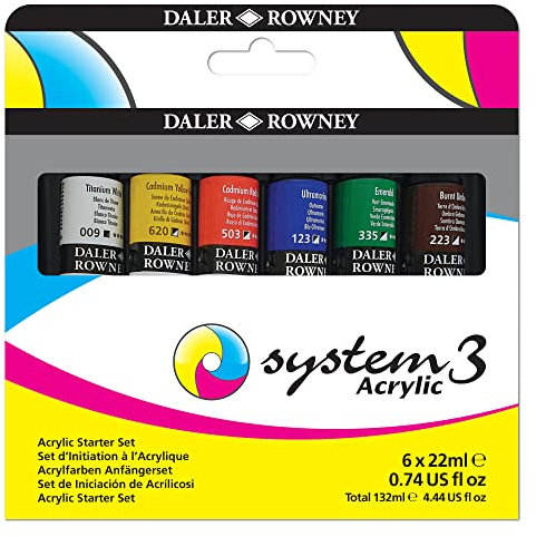 Daler-Rowney System3 22ml Acrylic Paint Starter Set, 6 x Assorted Vibrant Colours, Multi-Surface, Ideal for Professional Artists & Students