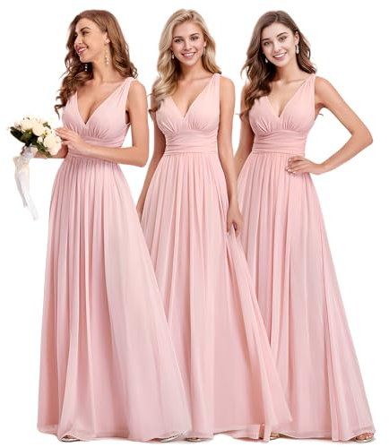 Ever-Pretty Robe Demoiselle d'honneur Femme Longue Décolleté en V en Mousseline de Soie Classique 46 Rose Clair
