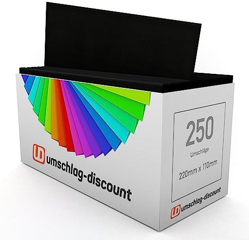 umschlag-discount – schwarze Briefumschläge ohne Sichtfenster für hochwertige Sendungen, Einladungen & Co – 250 Stück selbstklebende Briefkuverts mit den Maßen 220x110mm (DIN lang)