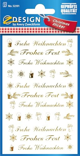 AVERY Zweckform 44 Aufkleber Weihnachten Schriftzüge gold (Weihnachtssticker transparente Folie, selbstklebende Weihnachtsdeko Karten, Tüten) 2 Bogen/je 22 Sticker,Goldene Weihnachtsschriftzüge, 52391