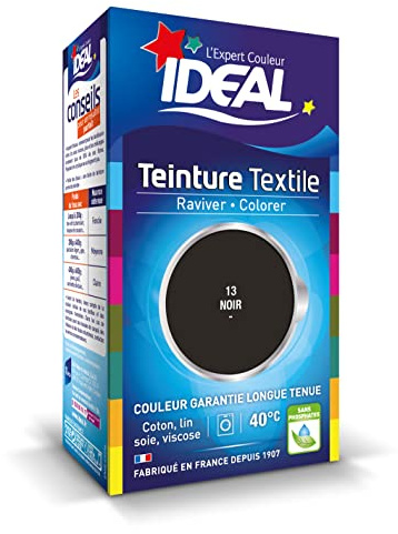 IDEAL - Teinture Tissus Liquide Mini 13 Noir - 40 ml + 1 Dose de Fixateur 50 g - Teinture Textile Longue Tenue - Coton, Lin, Soie, Viscose - Efficace dès 40°C - Fabrication Française