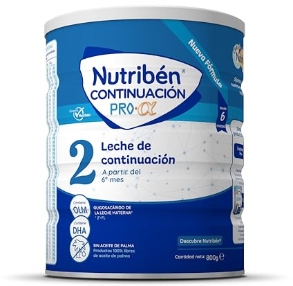 Nutribén Continuación Pro Alfa 2 - Leche en Polvo Bebé Continuación - Leche de Fórmula a Partir de los 6 Meses - sin Aceite de Palma - con Cacito Dosificador Incluido - con DHA y OLM - 1 Bote de 800g