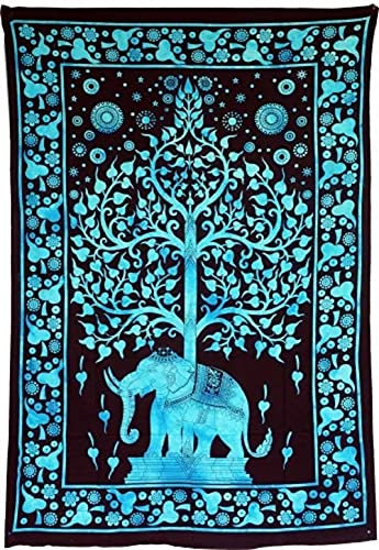 Unbekannt Tagesdecke Elefant, türkis, Wandbehang, Wandteppich, Wandtuch, Baum in Herzform, Betttuch, Bed Sheet, ca. 190 cm x 140 cm