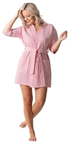Turkish Linen Lightweight Waffle Knit Bath, Spa & Bridesmaids Kimono Short Robes for Women - Quick Dry & Soft