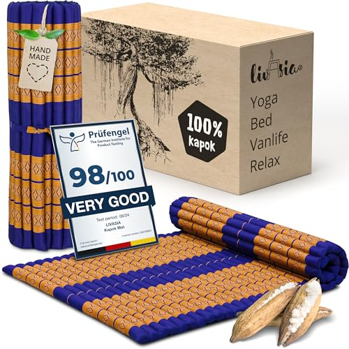 livasia colchón/esterilla enrollable L amplio y cómodo - 200x110x4,5cm - Cama invitados bordada 1 persona, Cama de viaje, Esterilla tailandesa de kapok para jardín/balcón artesana (Azul/Amarillo)
