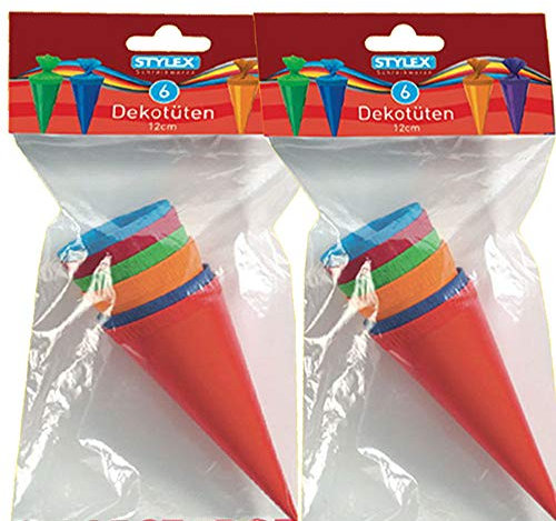 12 Kleine Schultüten Deko bunt Höhe 12 cm oberer Durchmesser 4 cm