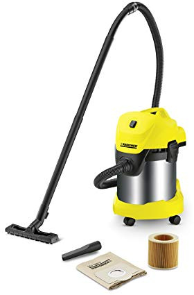 Kärcher WD 3 Premium Aspiratore Solidi-Liquidi - Capacità Vano Raccolta 17 l, Acciaio Inox, 200 Air Watt, 1000 W - Due Tubi Rigidi D'Aspirazione, 2 Bocchette, Filtro, Sacchetto, Tubo 2 m