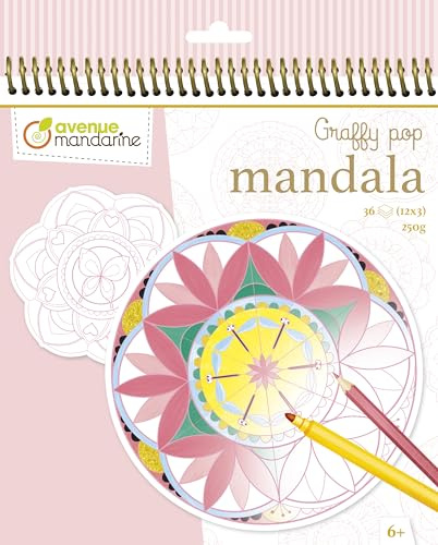 Avenue Mandarine - Ref GY027O - Libro colorear Graffy Pop Mandala - Diseños para niñas - Formas precortadas fáciles de desmontar, papel de dibujo de 250 g/m², 36 hojas, 12 diseños, mayores de 6 años