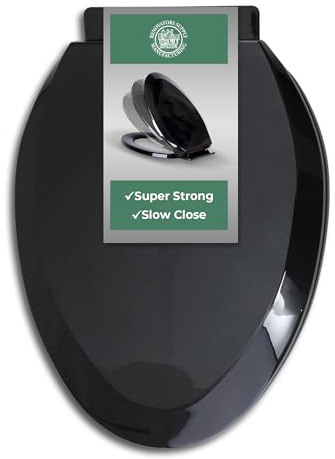Renovators Supply Manufacturing Black Plastic Soft Close Elongated Toilet Seat with Quiet-Close Lid, Contoured Seat Easy to Install and Clean, Grip-Tight Bumpers with Adjustable Mounting Hardware
