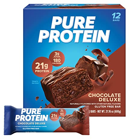 Pure Protein Chocolate Deluxe Protein Bars – 21g Protein, 3g Sugar, 190 Calories (12 count) Low Sugar* High Protein Snack - Gluten Free - Perfect for a Healthy Snack