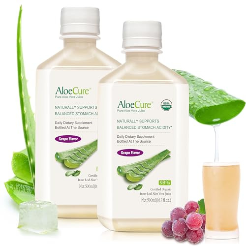 AloeCure USDA Organic Aloe Vera Juice Grape Flavor, Made Within 12 Hours of Harvest - Pure Aloe Vera Digestive & Immune Health Supplement, Helps Maintain Balanced Stomach Acidity, 16.7oz x 2 Btls