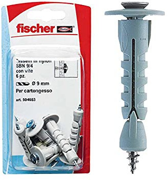 Fischer 6 x SBN Plasterboard Dowels 9/4 K with Screw, Universal for Fixing Lamps, Mirrors, Accessories on Plasterboard Sheets and Wood Panels