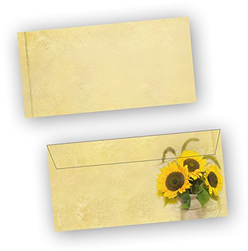 Briefumschläge Sonnenblumen (50 Stück) beidseitig bedruckte DIN lang Umschläge gelb