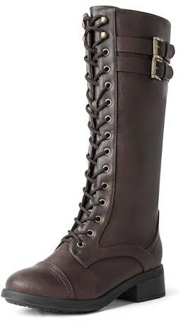 DREAM PAIRS Women's Pu Knee High Riding Combat Boots, Lace Up and Zip Riding Shoes,Size 6,Brown,GEORGIA