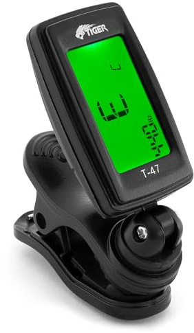 TIGER Afinador cromático digital T-47 con clip para guitarras acústicas, eléctricas, bajos, banjo, ukelele y violín, color negro